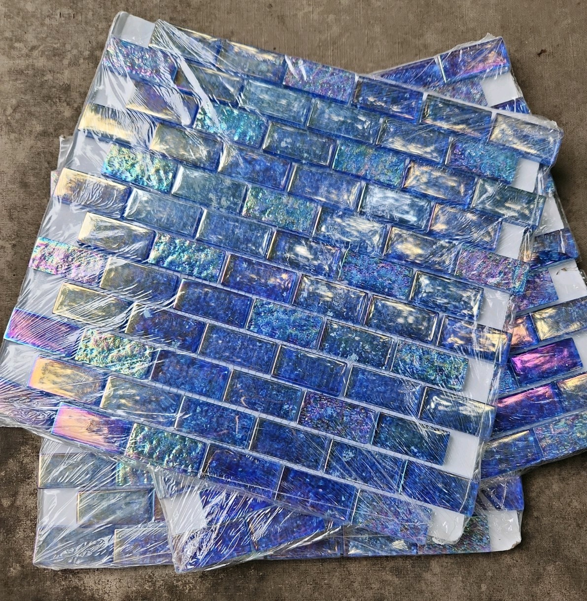 Iridescent Glass Tile 3 Sheets 3 Sq.ft. Blue Brick Mosaic From Soho Studio New