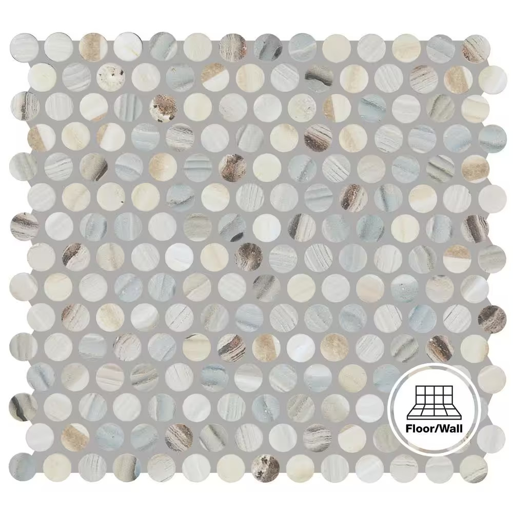 Lamora Marble Coastal Blue 11 In. X 13 In. Glazed Ceramic Penny round Mosaic Til