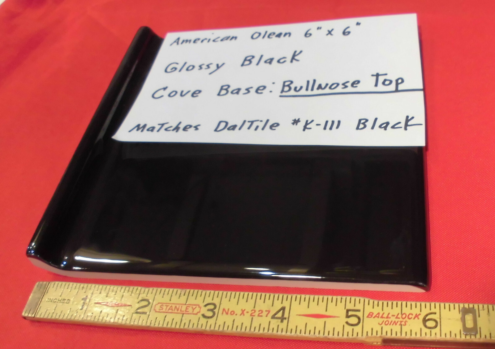 1 pc. Glossy Black Bullnose Top: base/cove Ceramic Tile 6″ X 6″ NEW-STOCK