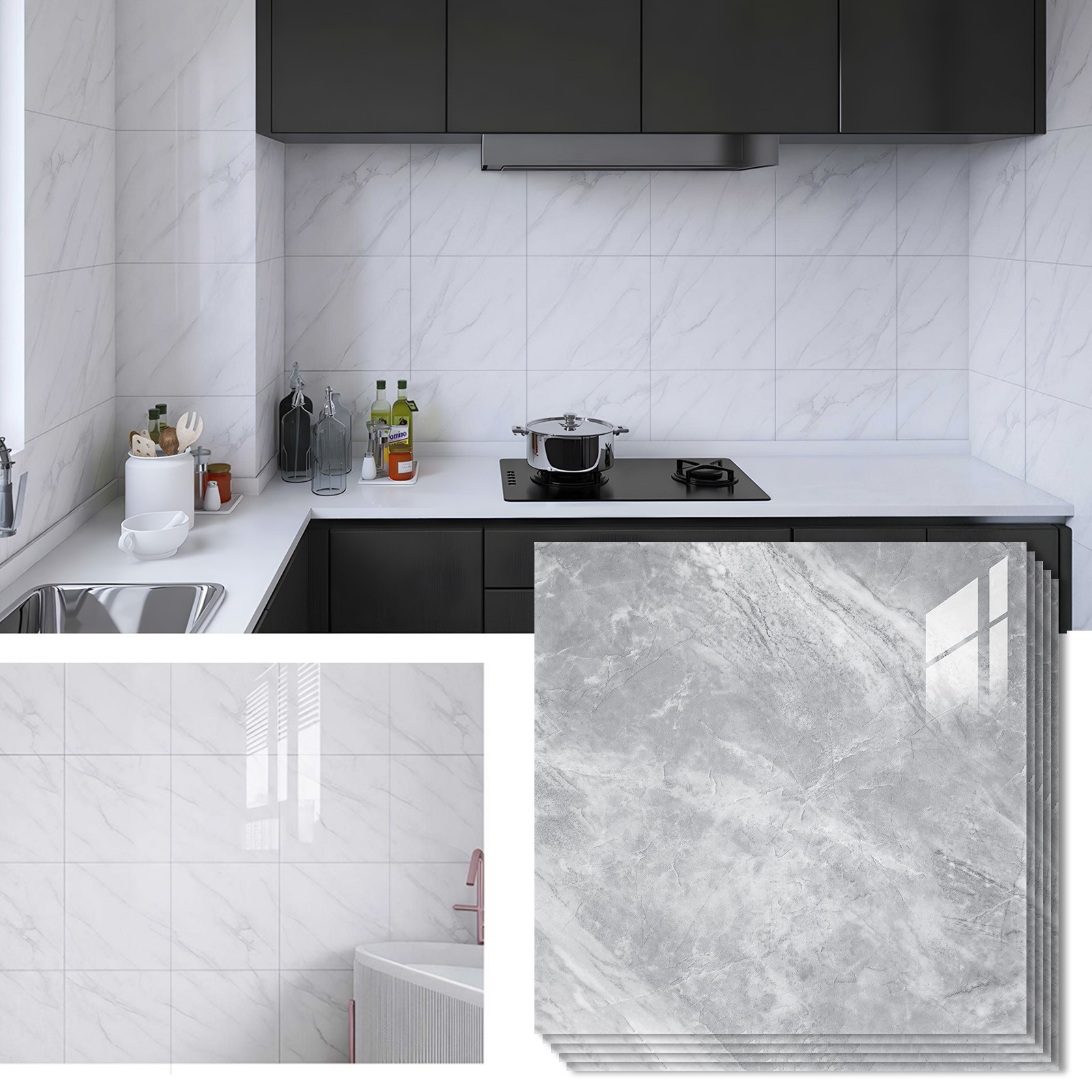 50/100 Pcs Peel & Stick PVC Wall Tiles 12″ Marble Floor Wall Panels Foam Sticker
