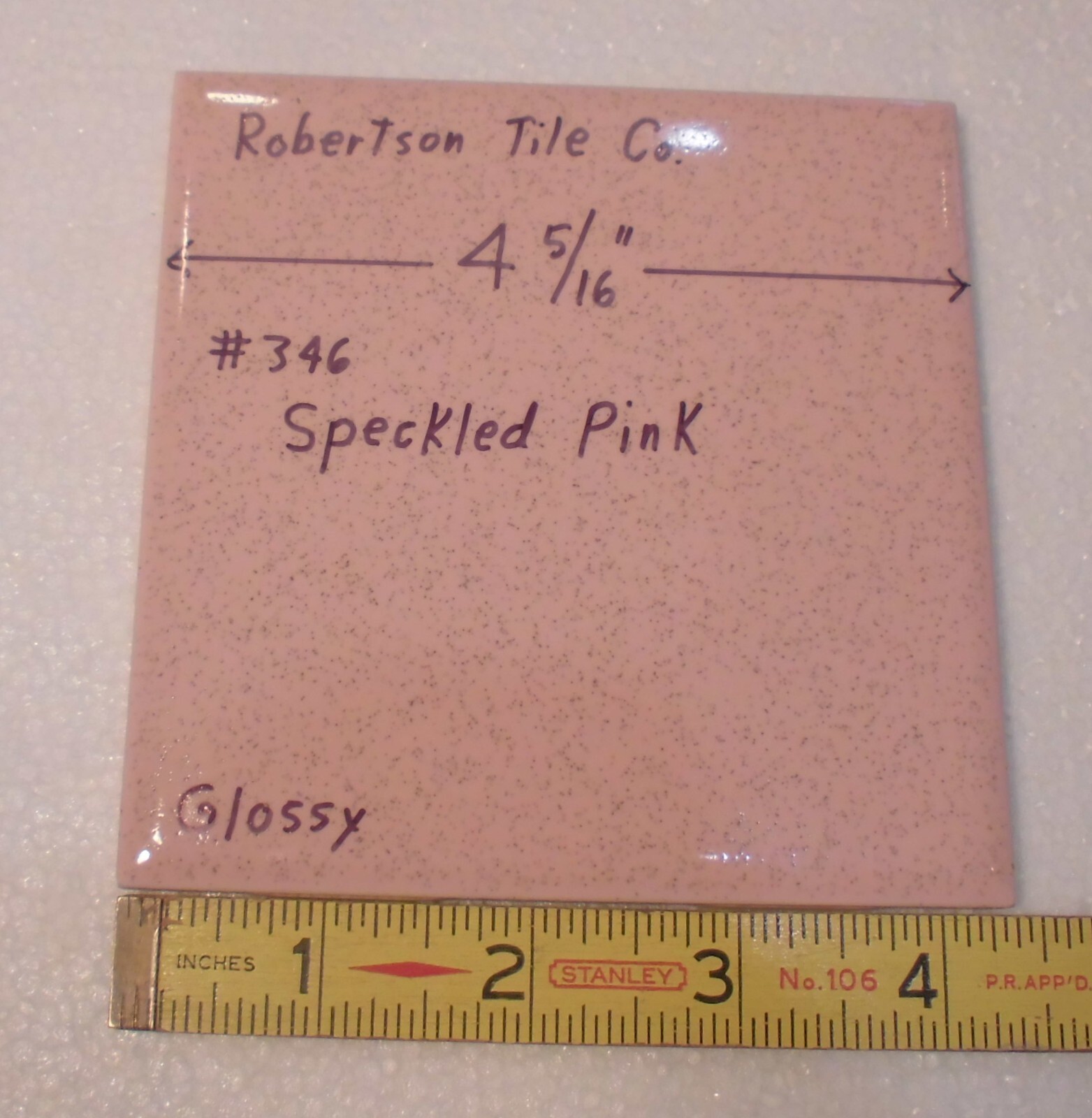 1 pc. Speckled Pink: 4-5/16″ Ceramic Tile by Robertson, pink + tiny specks, NEW