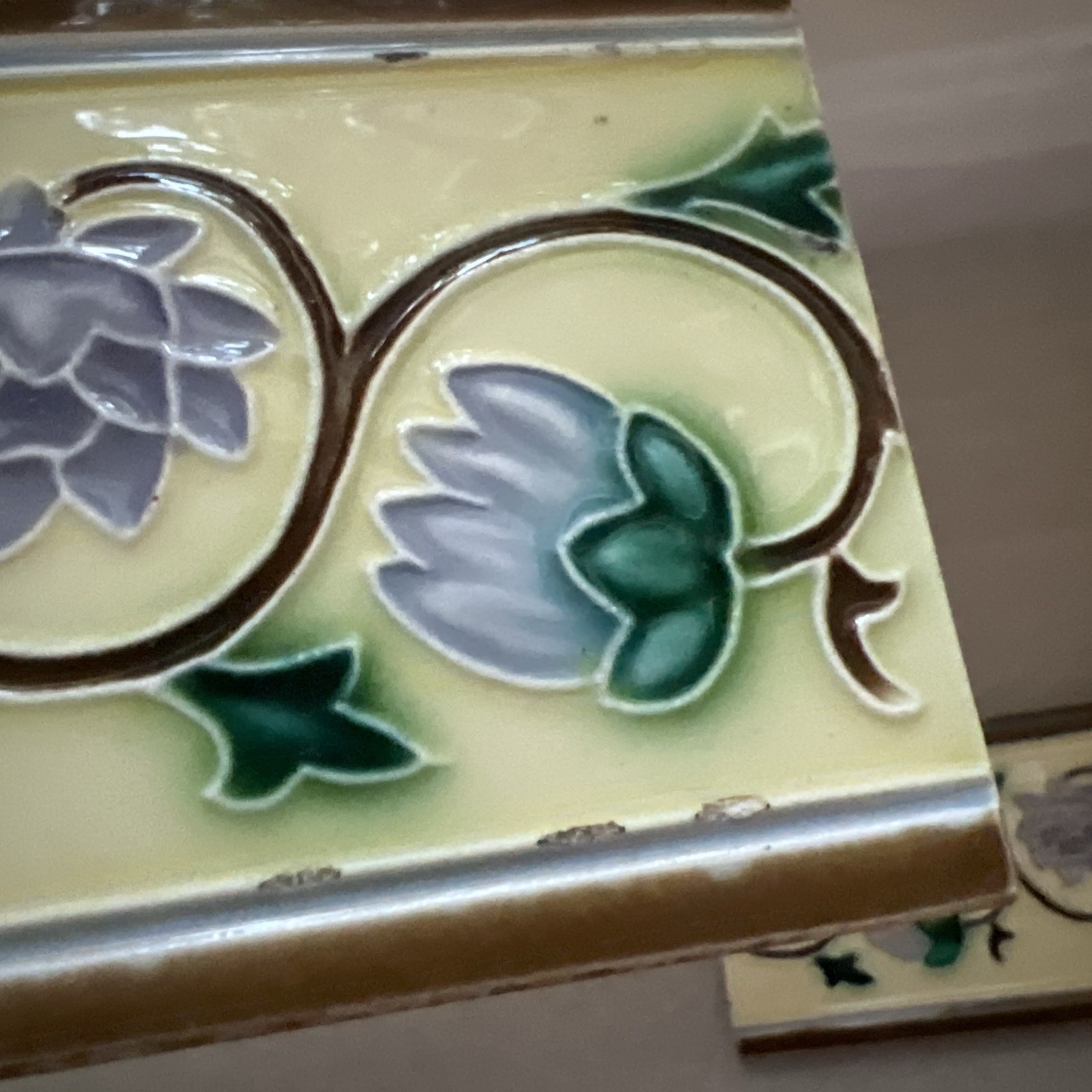 Antique Japanese Majolica Border Tiles Danto Kaisha DK Lotus Vine 6×3 Lot of 4