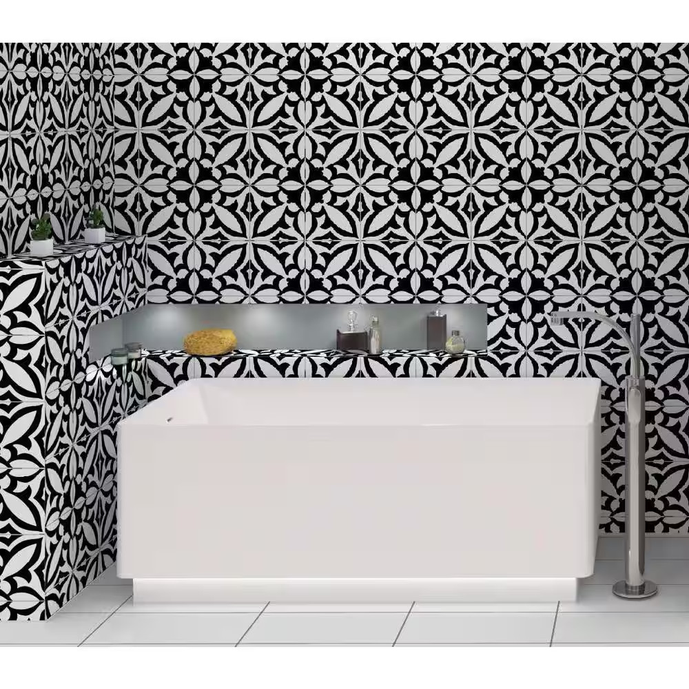 Luv Ti’Amo Black and White 8 In. Encaustic Patterned Matte Porcelain Wall and Fl