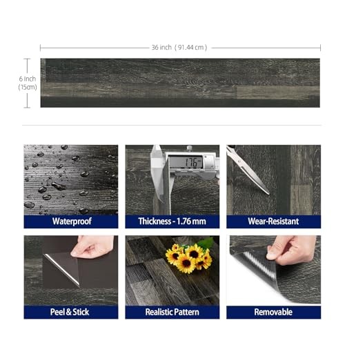 6″x36″ 17Pcs Peel and Stick Floor Tile Reclaimed Wood 17-Tiles 6x36inch Black