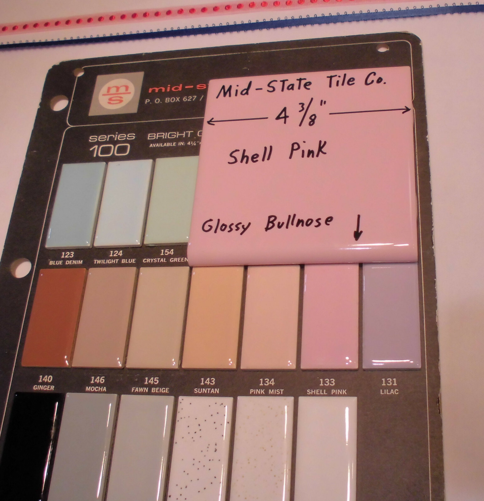 1 pc. “Glossy Shell Pink” Surface Bullnose Ceramic Tile: by 4-3/8″ Mid-State Co.