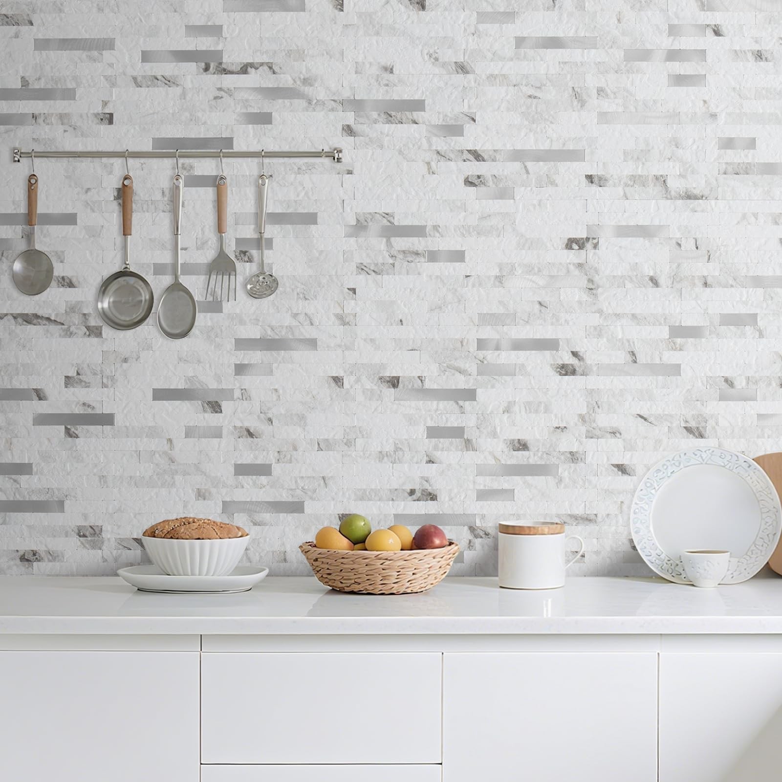 20 Sheets White Marble Peel and Stick Backsplash Tile, Faux Stone PVC Mixed M…