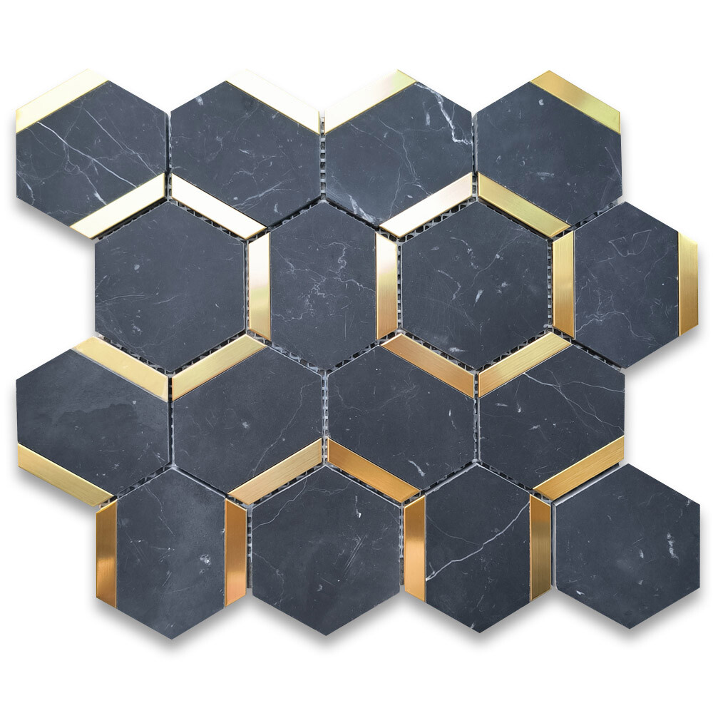 N338XH Nero Marquina Black Marble 3 inch Hexagon Mosaic Tile Honed