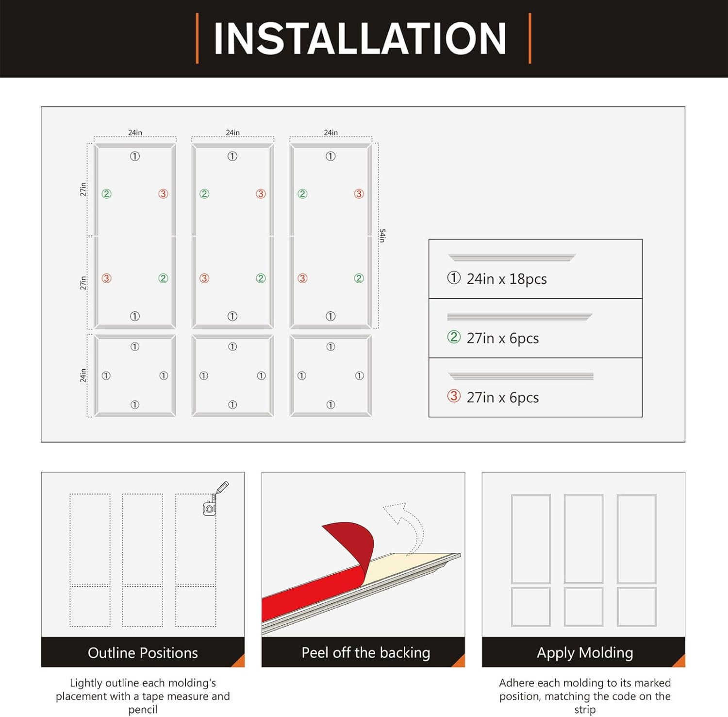 Pre-Cut Peel and Stick Wall Molding Kit Wainscoting Trim- Self Adhesive Premade