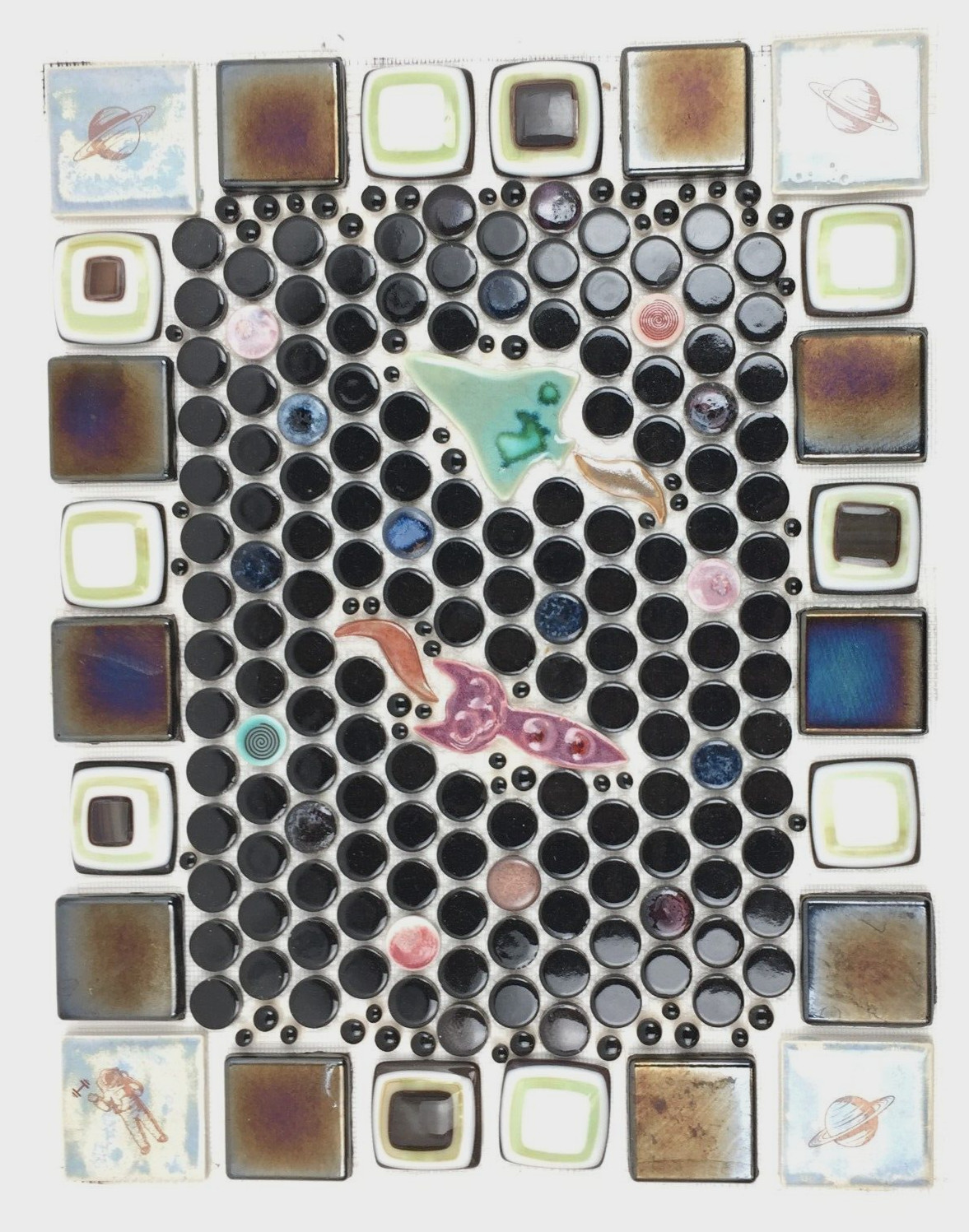Tile Mosaic Panel, Ready To Install, Ceramic Glass Handmade Vintage 12.5 x 16