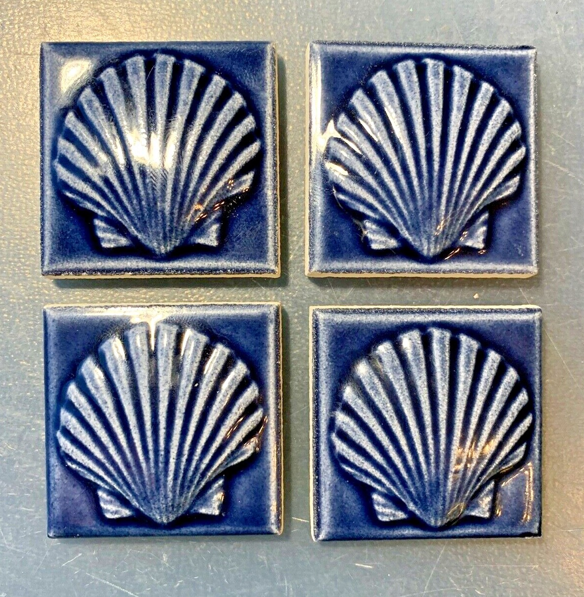 2×2″ Ceramic Tiles, Set of 4 Scallop Shell Seashell Blue Glaze Ocean Theme Tile