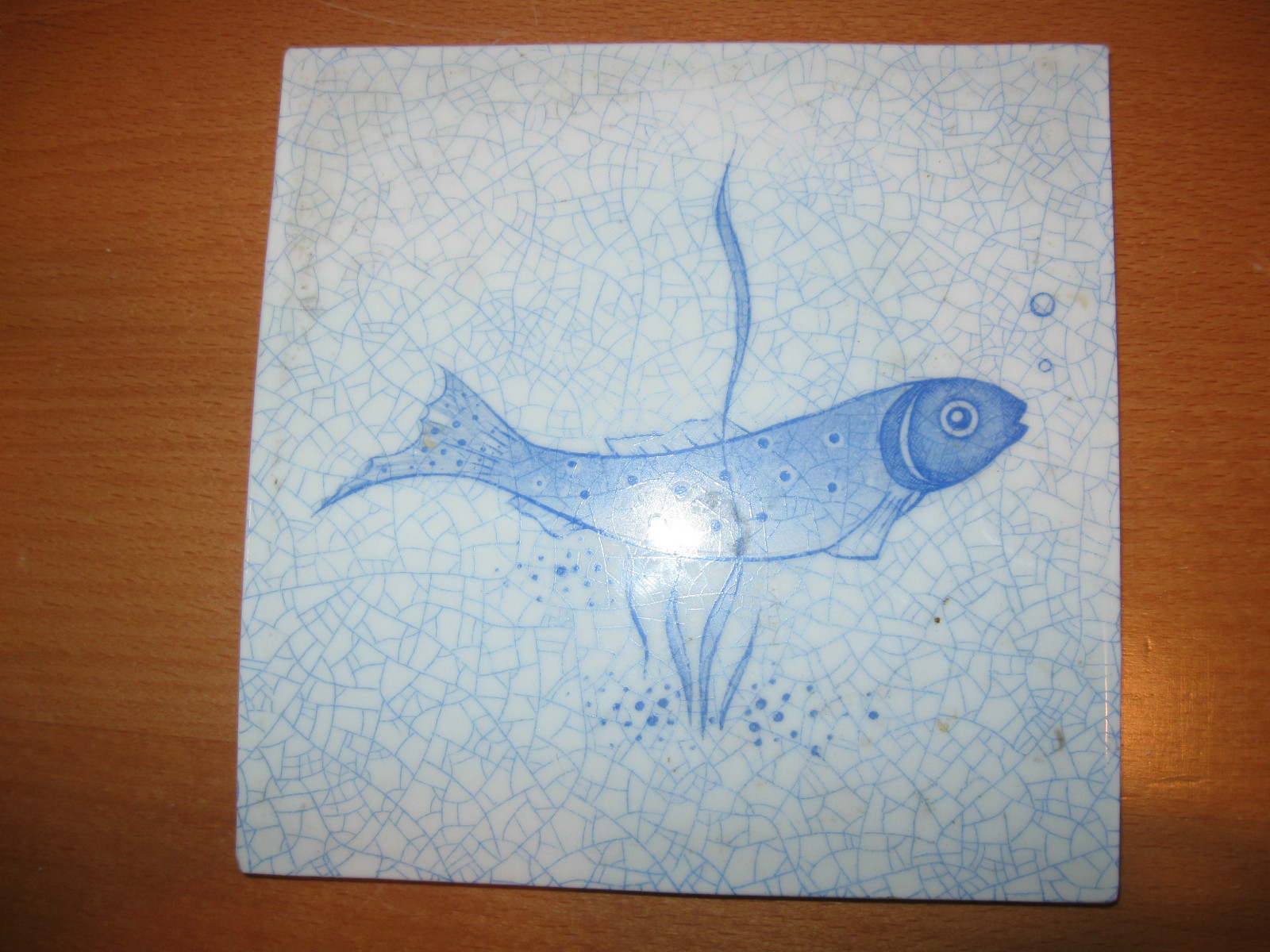 Vintage Heubach Germany Blue & White Fish Art Tile Crackle Glaze Signed on Back