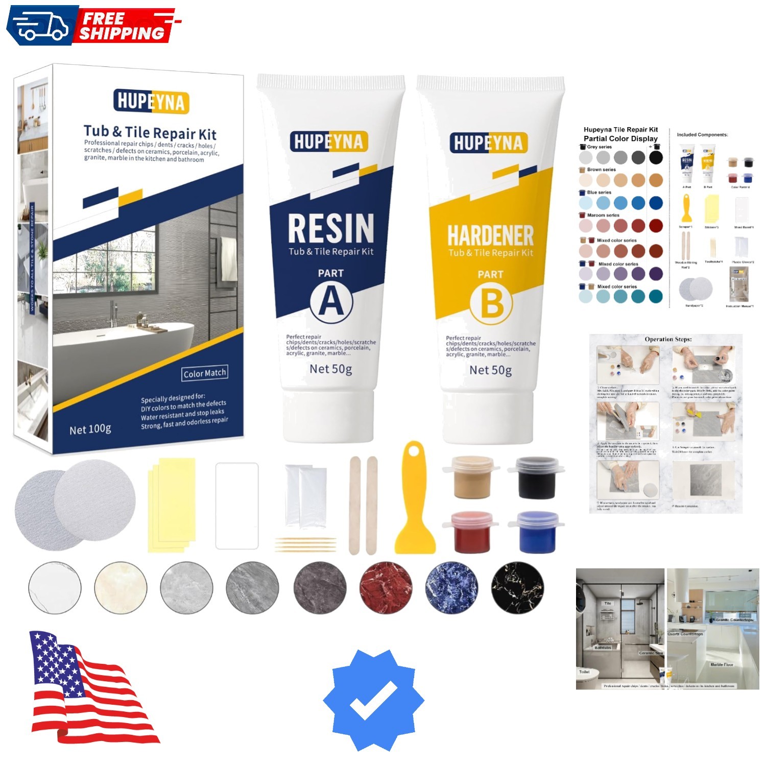 Tub, Tile and Shower Repair Kit Color Match, Porcelain Repair Kit, Bathtub Re…