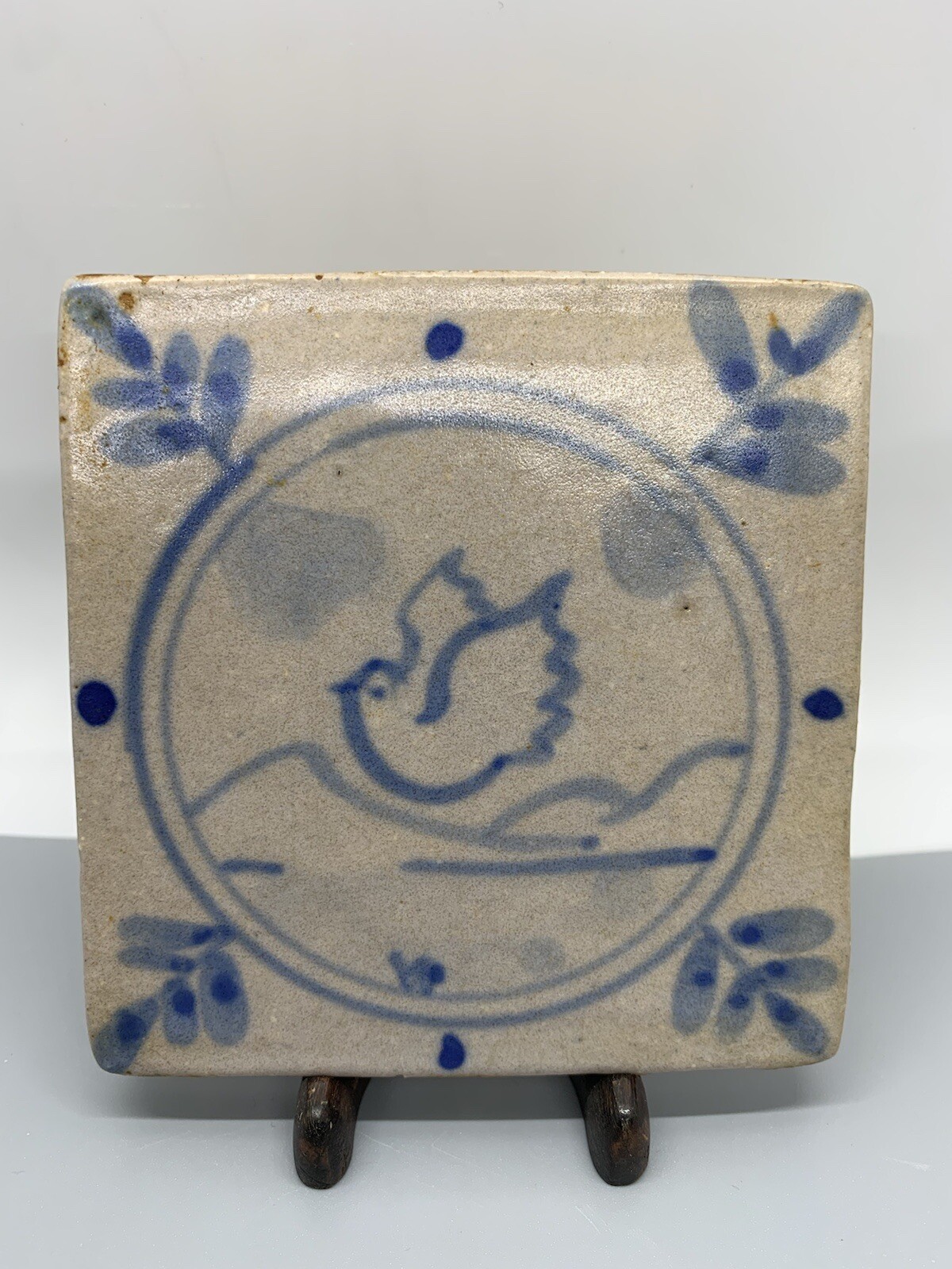 Antique Decorative Clay Tile Dove Bird Design 3.75″ x 3.75″ Hand Painted In Blue