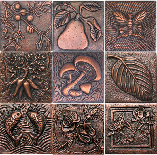 COPPER 4″ x 4″ x 3/8″ DECORATIVE WALL TILE (9 DESIGNS)