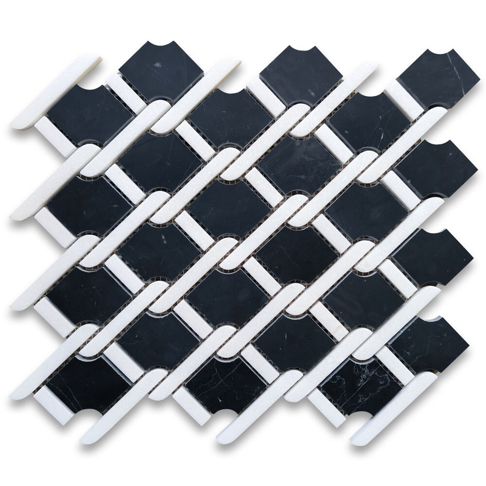 N2D5XH Nero Marquina Black Marble Princess Weave Rope Mosaic Tile White Honed
