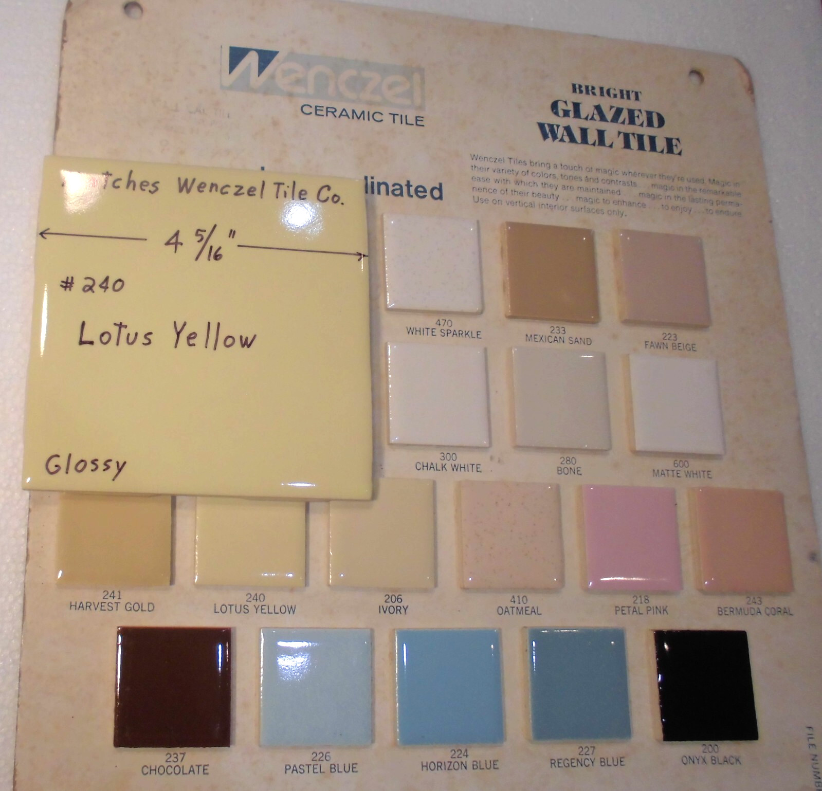 1 pc. Yellow 4-5/16″ Glossy Ceramic Tile: matches Wenczel Co. #240: Lotus Yellow