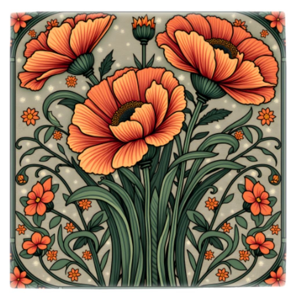 Floral Ceramic Tile 3 sizes Orange Green Flowers 8 Printed in US