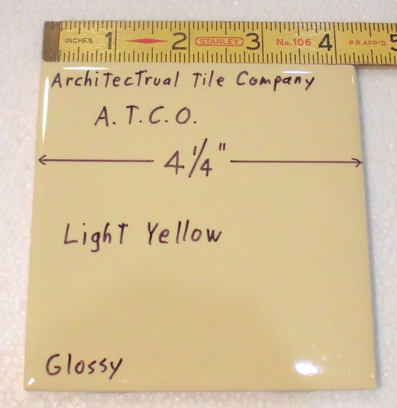 1 pc. Lighter Yellow: 4-1/4″ Glossy Ceramic Tile by A.T.C.O. Made in USA, New