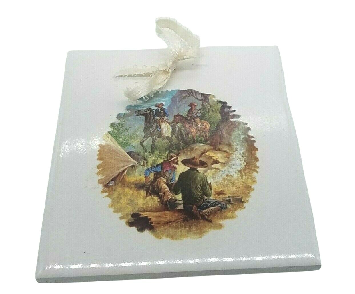 4 Ceramic Tiles Trivets Wall Hangings Western Cowboys 4.25 X 4.25 Made In USA
