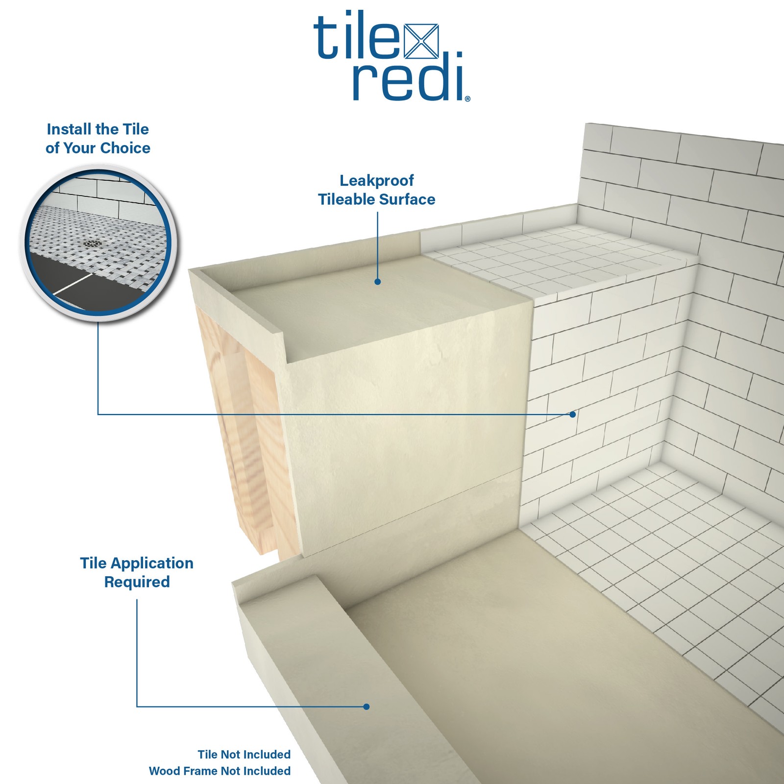 Tile Redi RT3648RSRB36KIT Base’N Bench 60″ x 36″ Rectangular – Nickel
