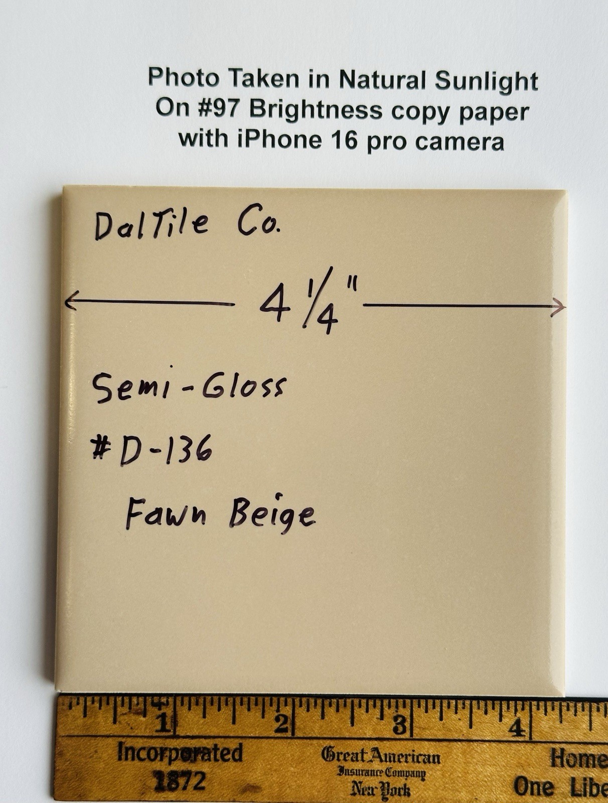 1 pc. Fawn Beige: 4-1/4″ Gloss Ceramic Tile by Daltile #D-136: New Old Stock