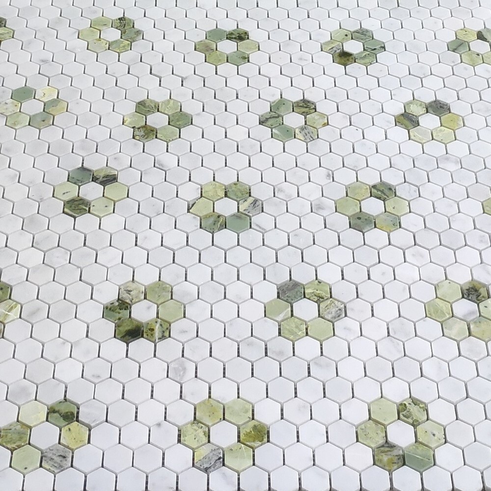 C31F12XH Carrara White Marble Hexagon Rosette Mosaic Tile Green Jade Honed