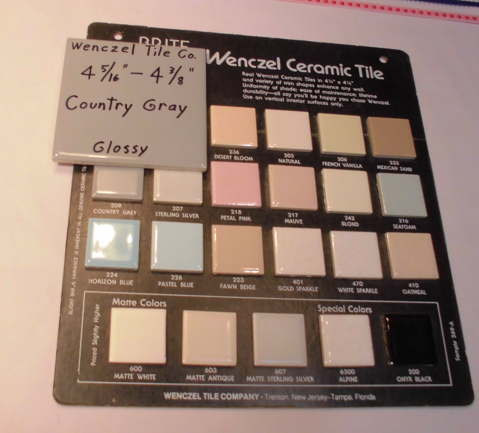 1 pc. *Country Gray* Glossy Ceramic Tile by Wenczel Tile Co. 4-5/16″- 4-3/8″