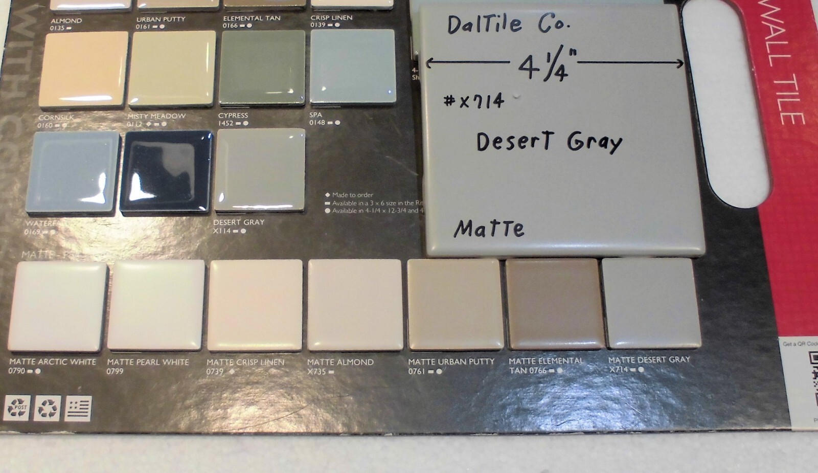 1 pc. Softer Matte Desert Gray: Ceramic Tile by Daltile… 4-1/4″ NEW