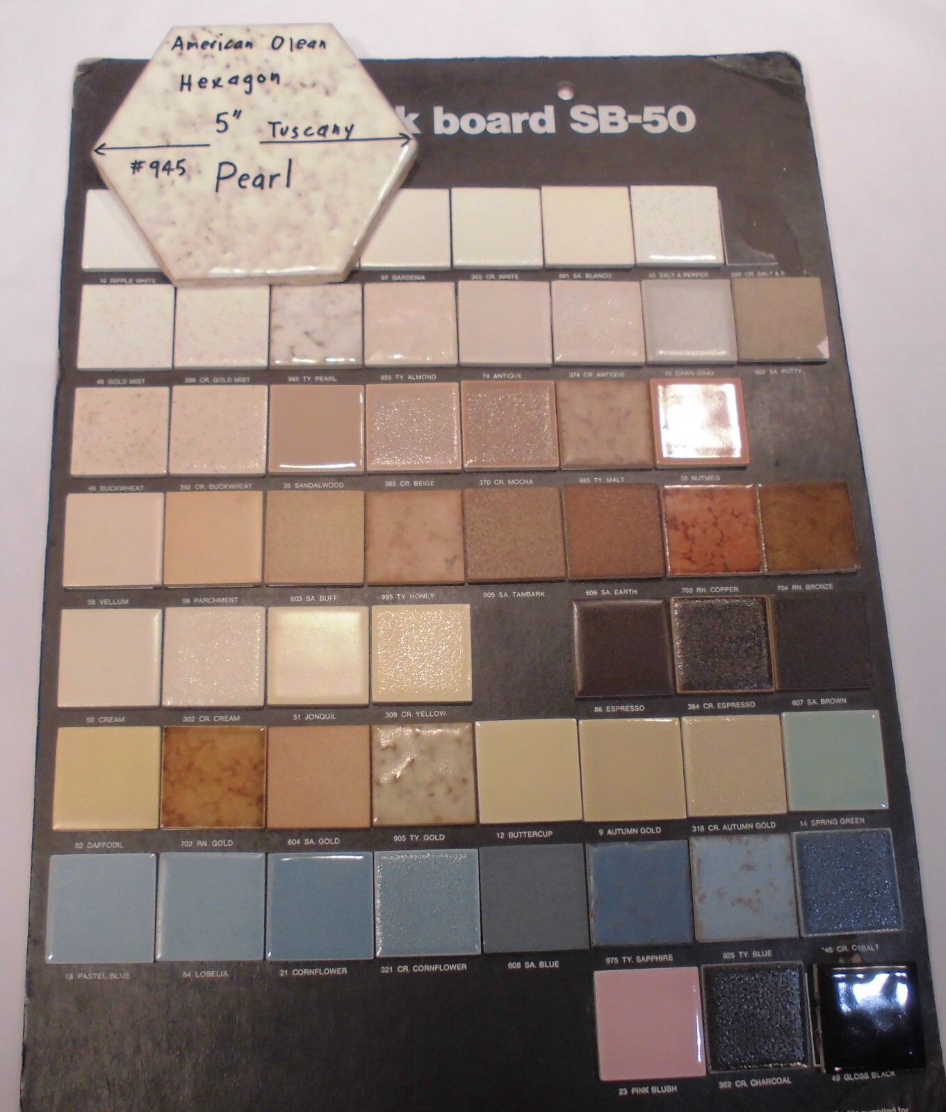 1 pc. Pearl #945 Ceramic 5″ Tile: Tuscany Glaze by American Olean, Hexagon, NOS