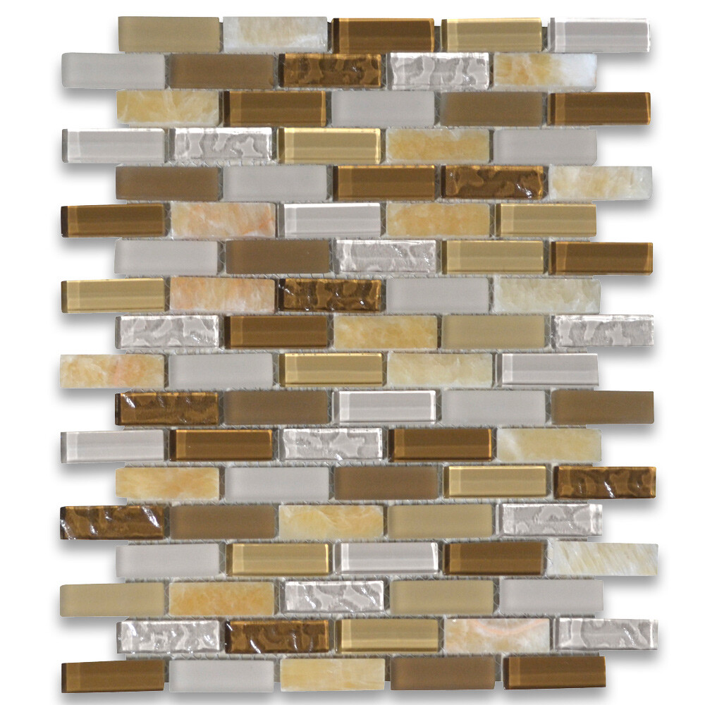 A62004 Glass Mosaic Tile Beige Brown White Crackled Yellow Honey Onyx Accent