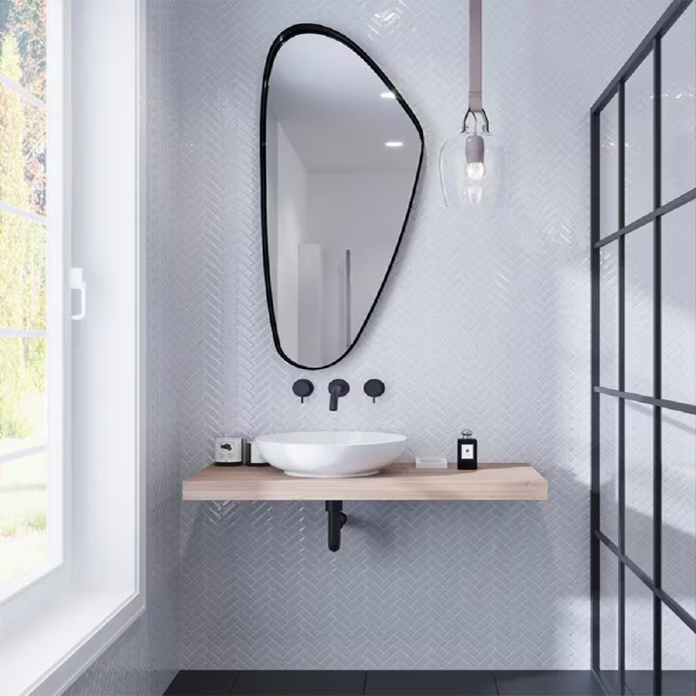 Ice White 11 In. X 12.6 In. Herringbone Polished Glass Mosaic Tile (4.81 Sq. Ft.