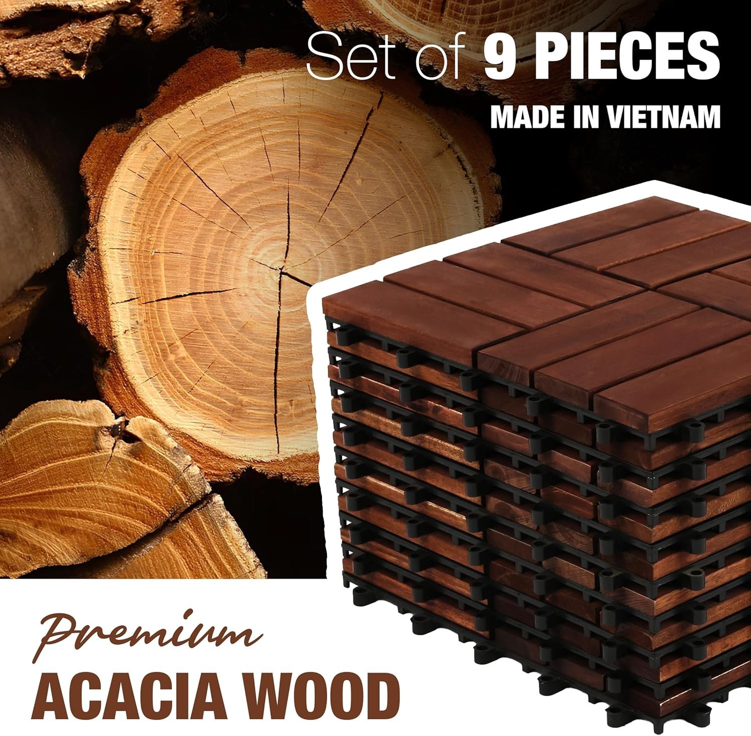 Acacia Wood Interlocking Deck Tiles, 9 Pc, 12″ x 12″ x 0.9″, Dark Brown