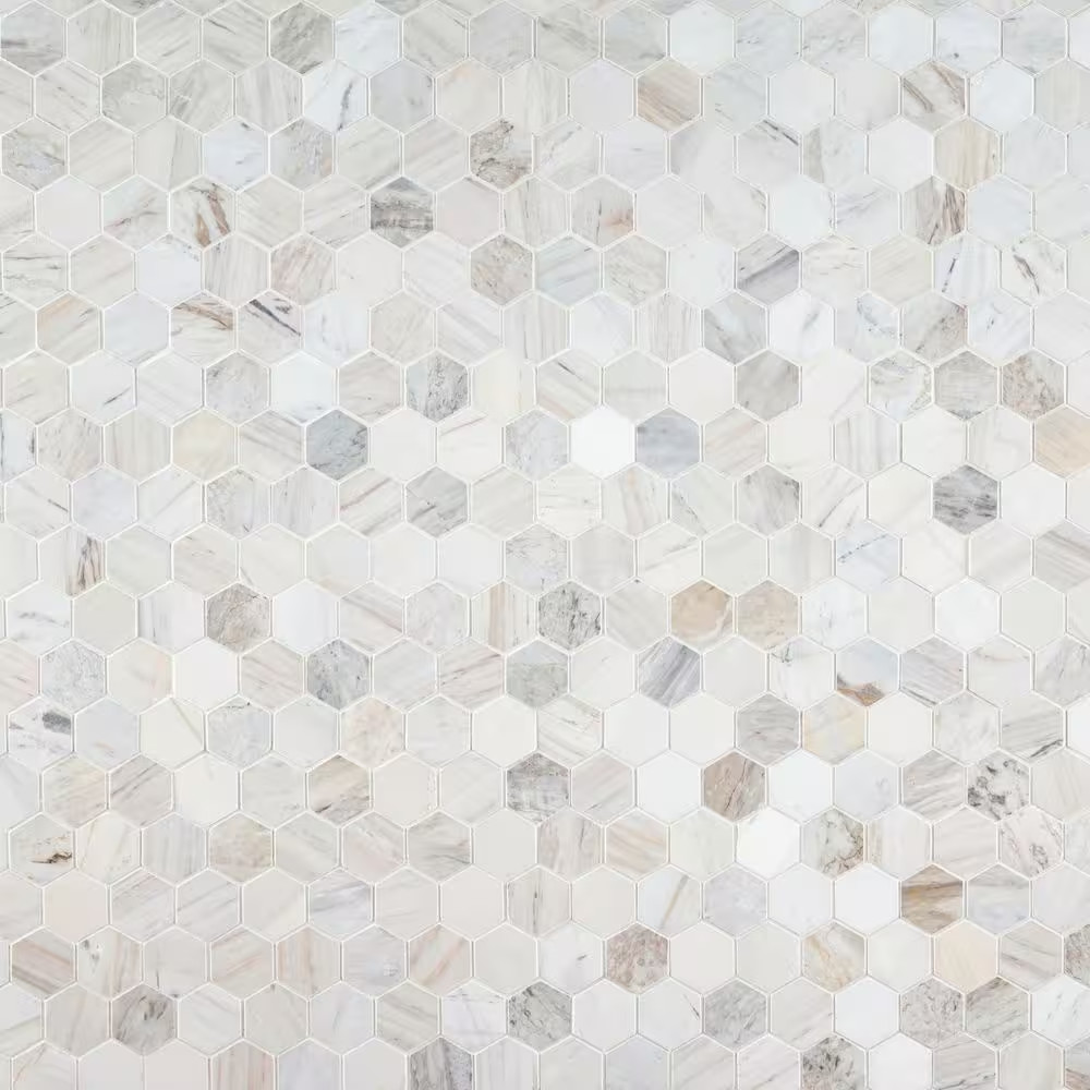Angora 2 In. Hex 12 In. X 12 In. X 0.38 In. Polished Marble Mesh-Mounted Mosaic