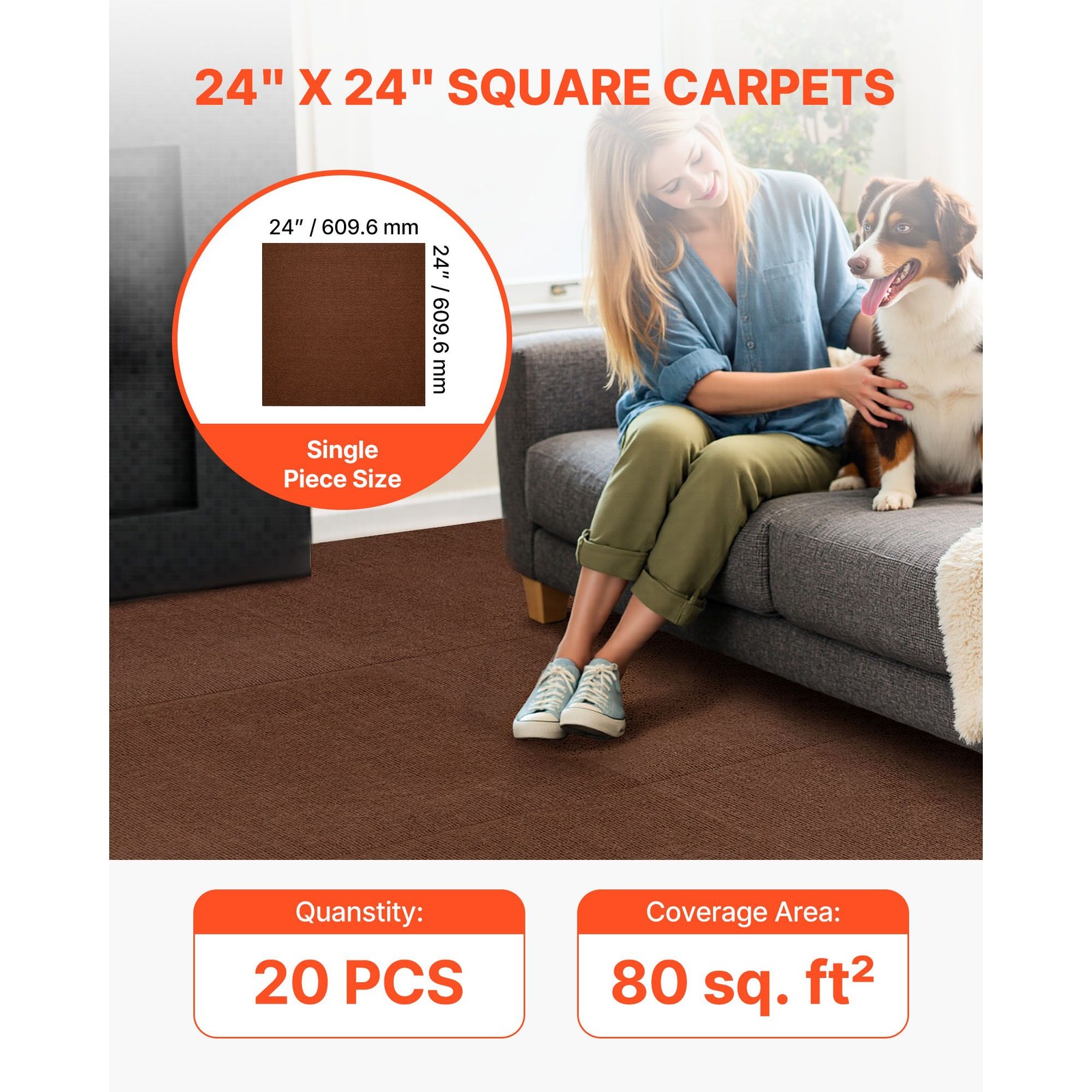 20 Pack Peel Stick 24x24in Carpet Tiles for Living Room