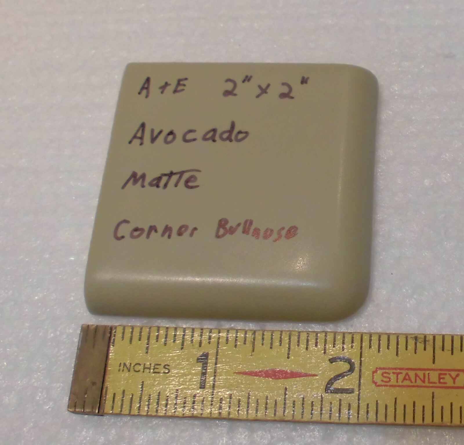 1 pc. Avocado Green 2″ X 2″ X 5/16″ Ceramic Surface Bullnose Corner Tile; Matte