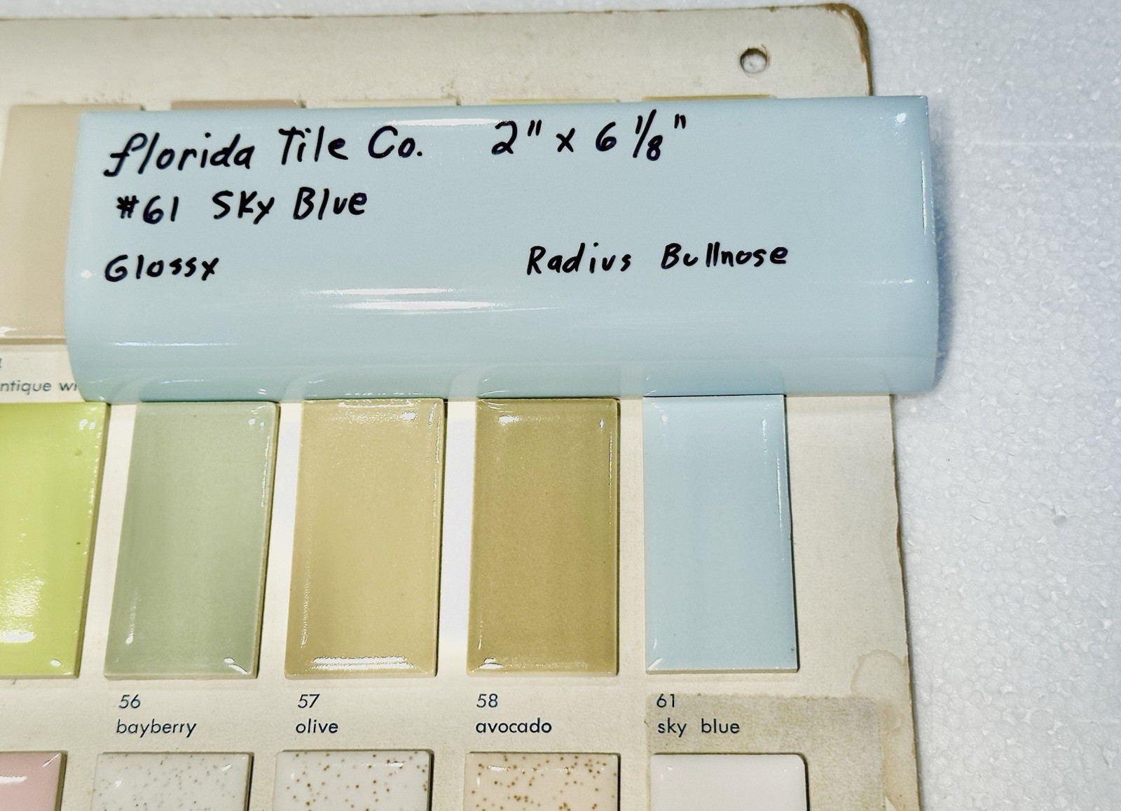 1 pc. Sky Blue: 2″ X 6-1/8″ Glossy Ceramic Radius Bullnose Trim Florida Tile NOS