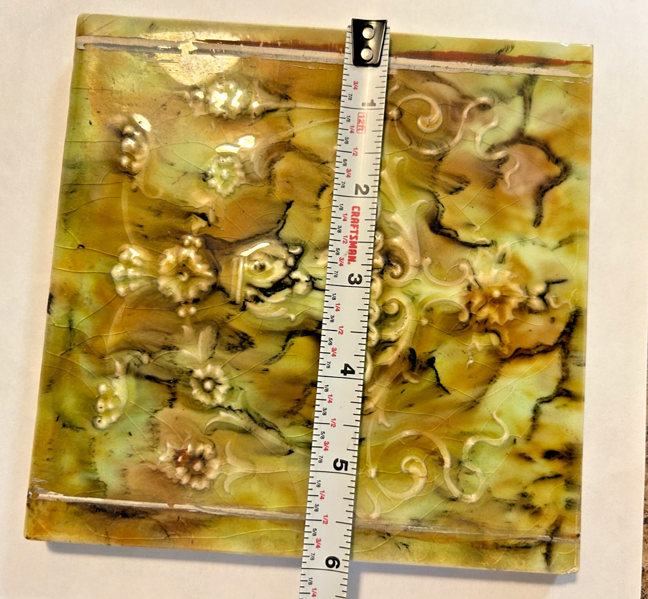 Cambridge Mottled Greens Antique Glaze Art Nouveau Majolica Tile 6″ X 6″