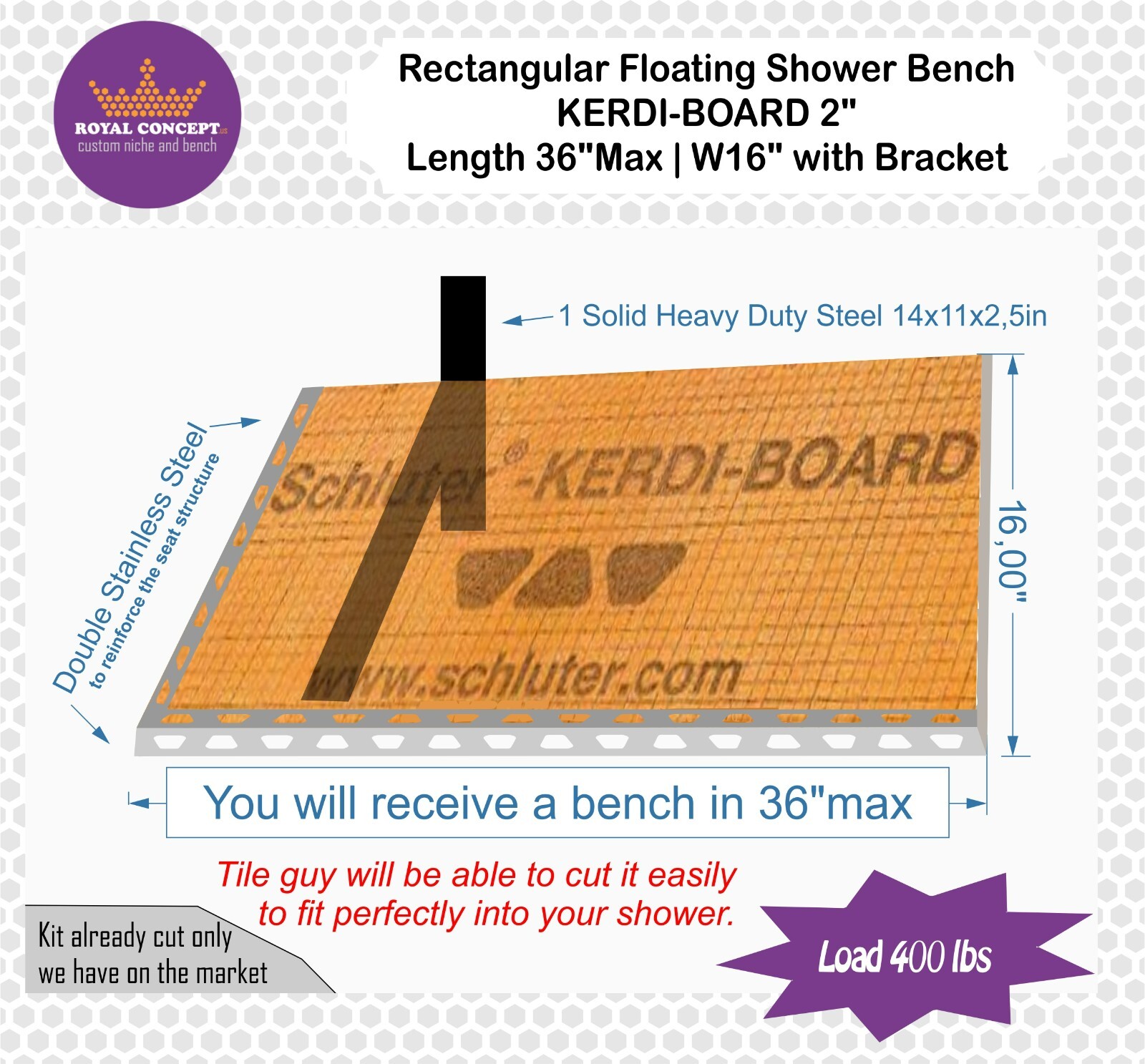 Floating Shower Bench – Kerdi-Board 2″ – L36xW16xH2” – Support: walls + bracket