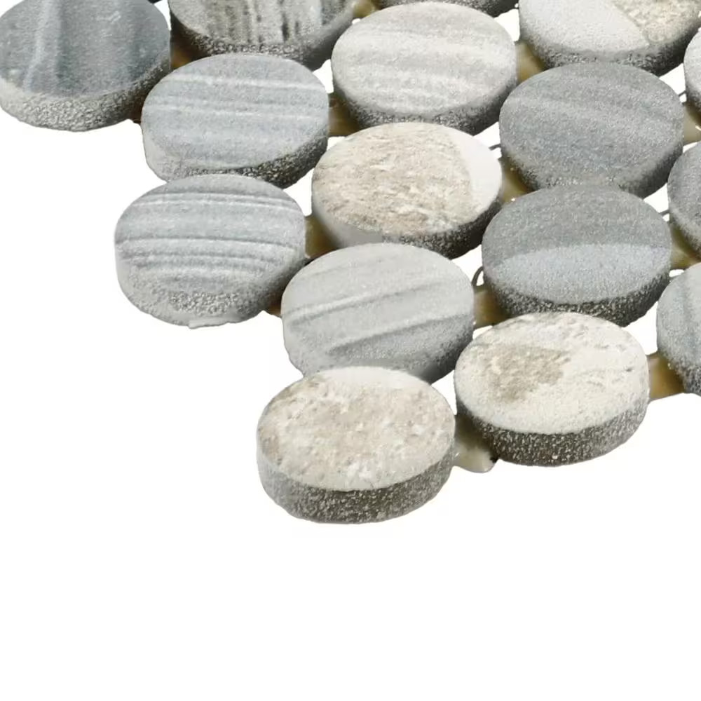 Lamora Marble Coastal Blue 11 In. X 13 In. Glazed Ceramic Penny round Mosaic Til