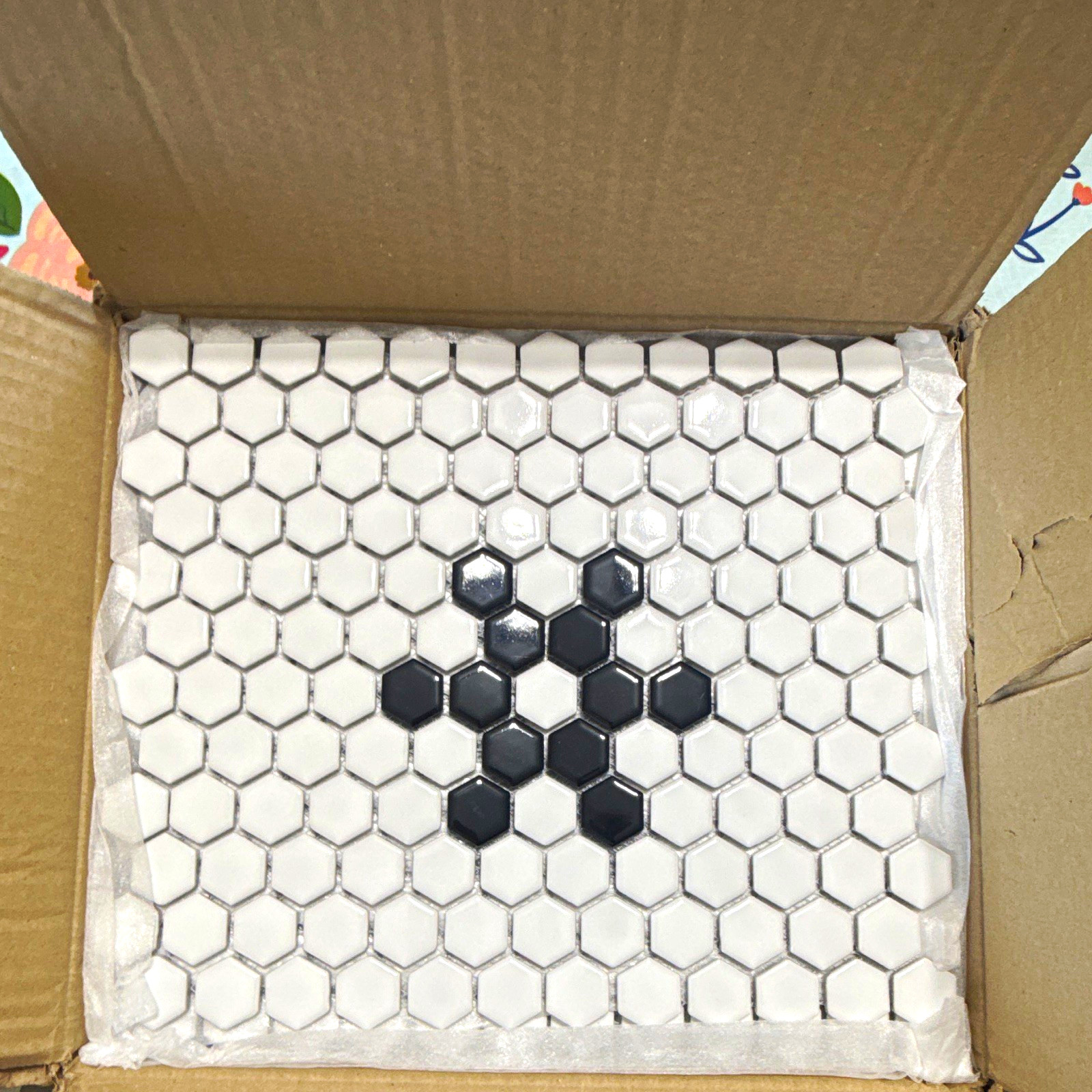 Metro Hex White/Black Hexagon Mosaic Tile Sheet 12×12 Glossy Ceramic Floor/Wall