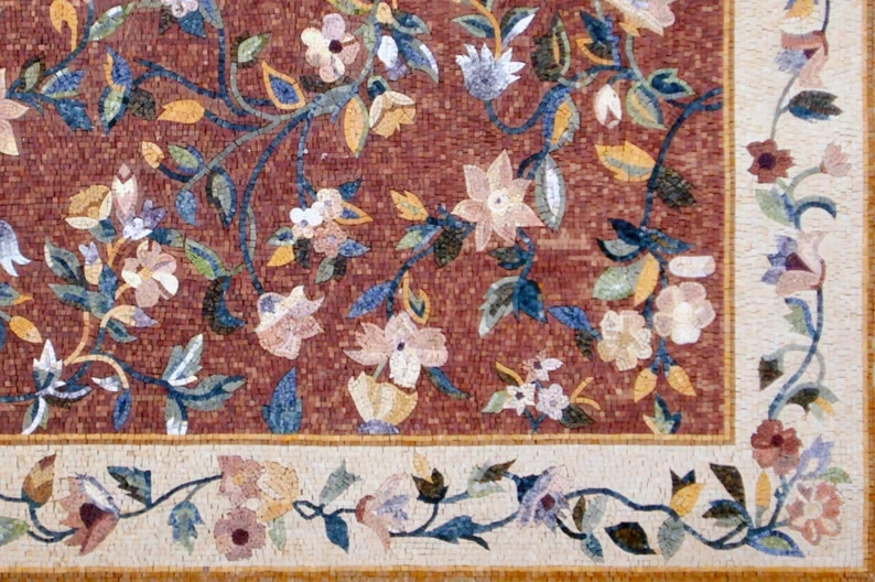 FLOWER BORDER RUG | Marble Stone Square Shape Mosaic Rug |Beautiful Handmade Rug