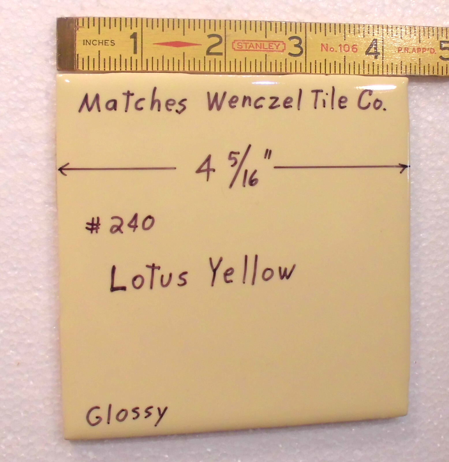 1 pc. Yellow 4-5/16″ Glossy Ceramic Tile: matches Wenczel Co. #240: Lotus Yellow