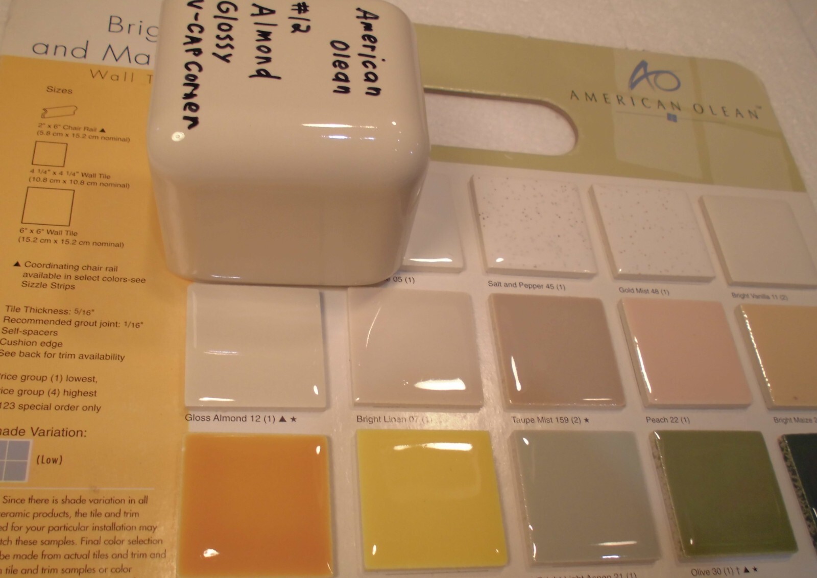 1 pc. Gloss Almond: #12: V Cap Corner Ceramic Trim Tile: Counter Edging, A.O.