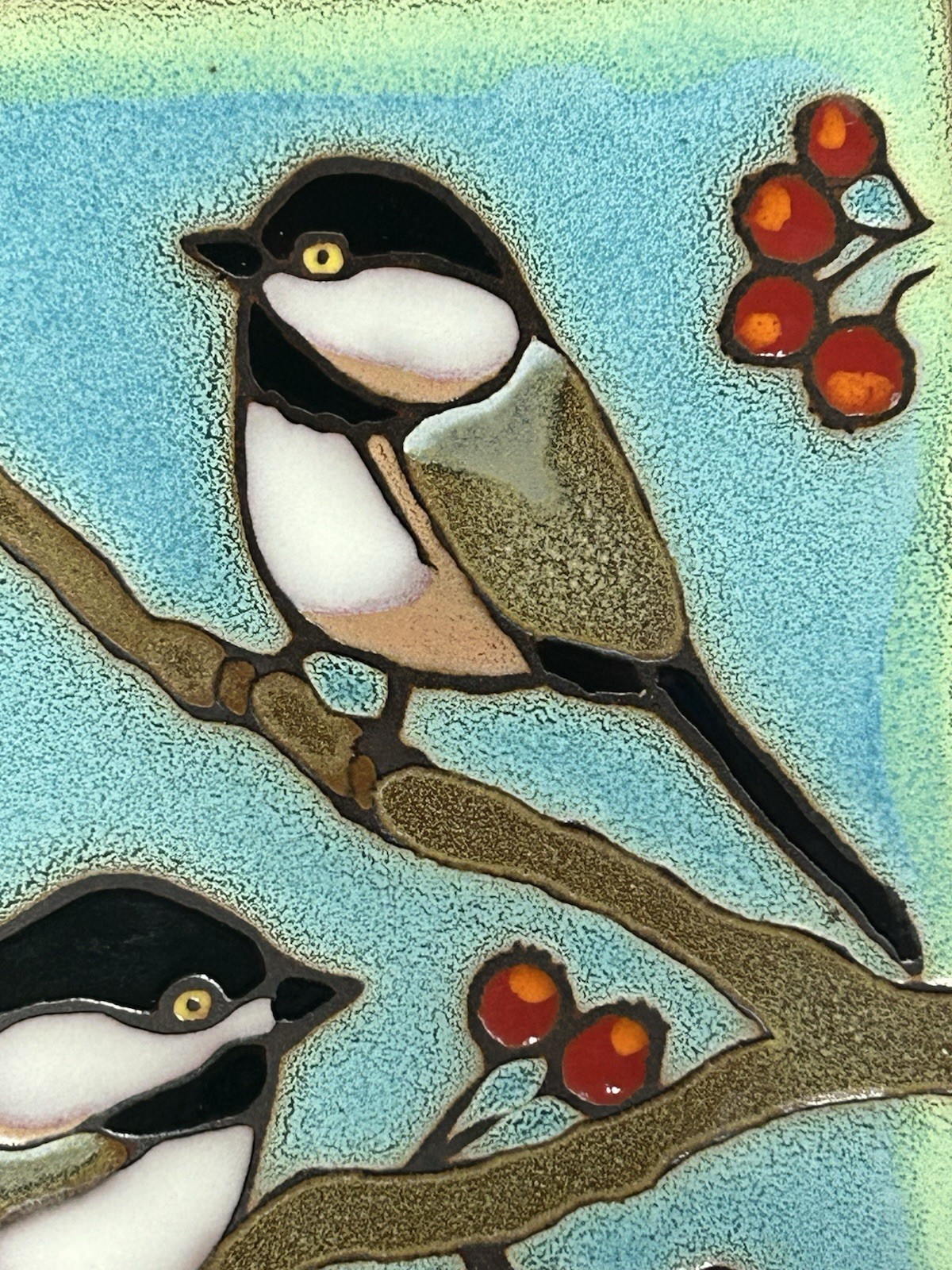 Blue Pacific Trivet Tile Chickadees Berries Hand Painted Hot Plate Wall Art 6”