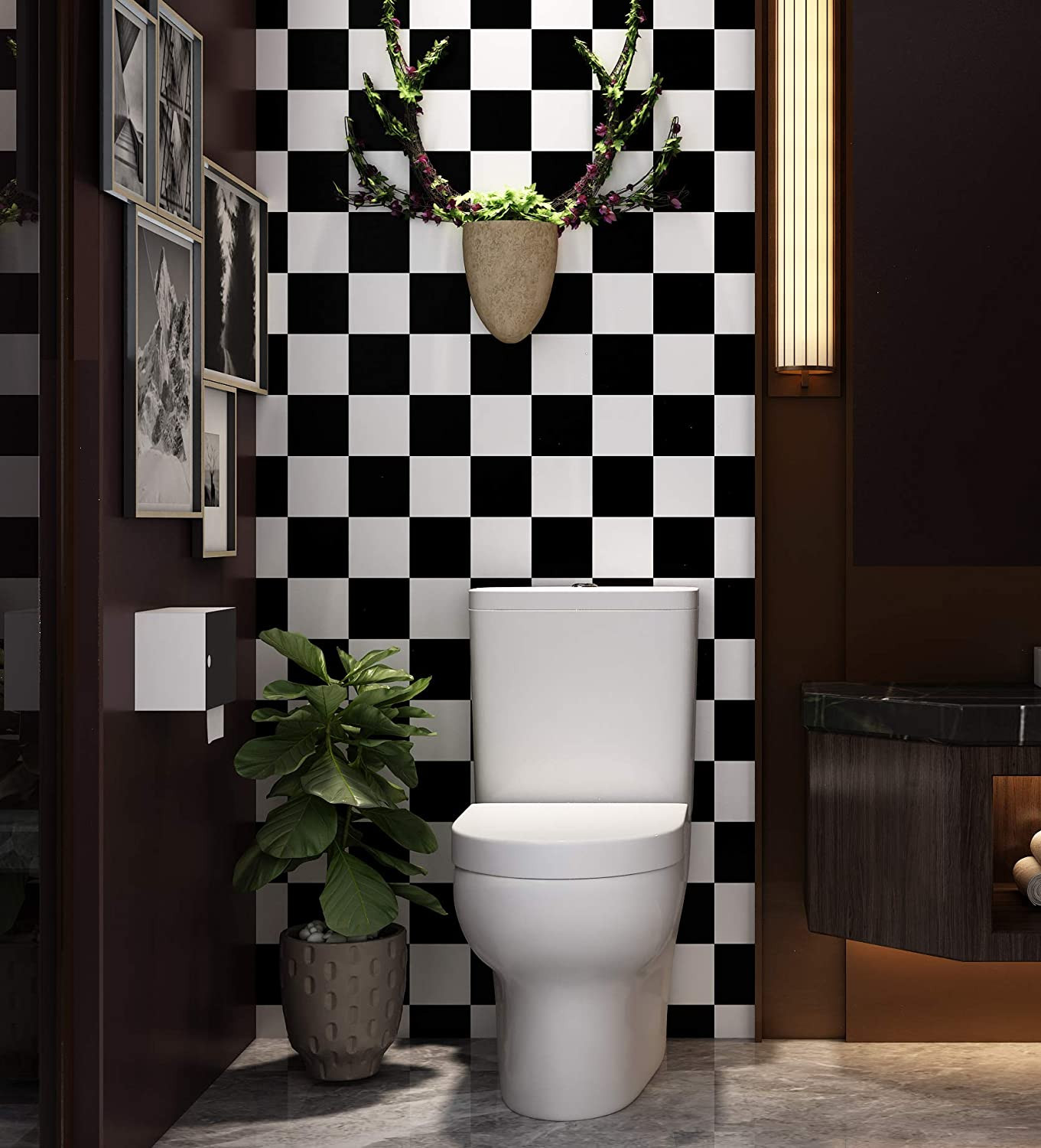Checkered Black and White Vinyl Flooring Roll 15.8X78.8 in Peel And