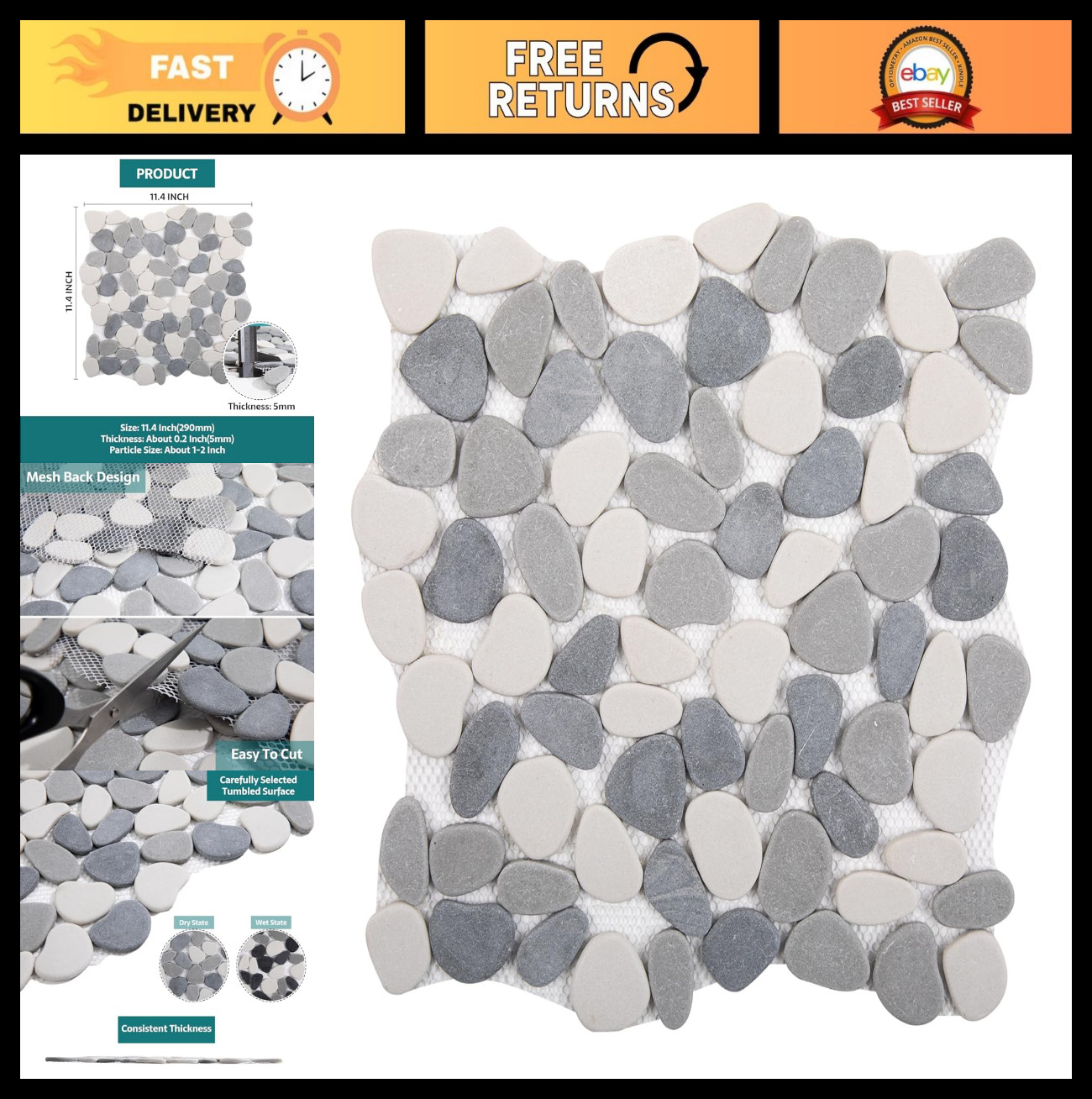 Grey Pebble Mosaic Tile for Shower Floor & Kitchen Backsplash – 5 Sheets