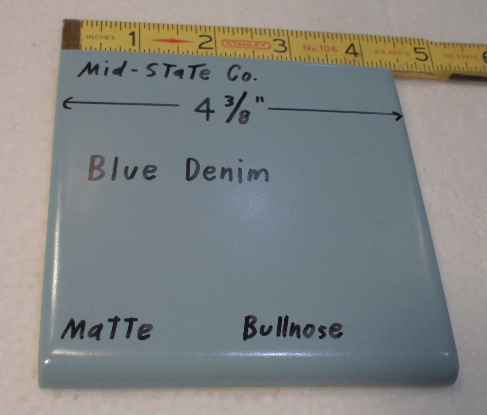 1 pc. Blue Denim: Matte Ceramic Bullnose Tile 4-3/8″ by Mid-State Co. NOS