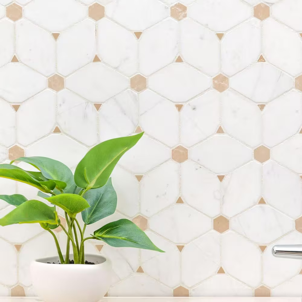 Cecily Creme 11 In. X 12 In. X 0.38 In. Polished Marble Mesh-Mounted Mosaic Floo