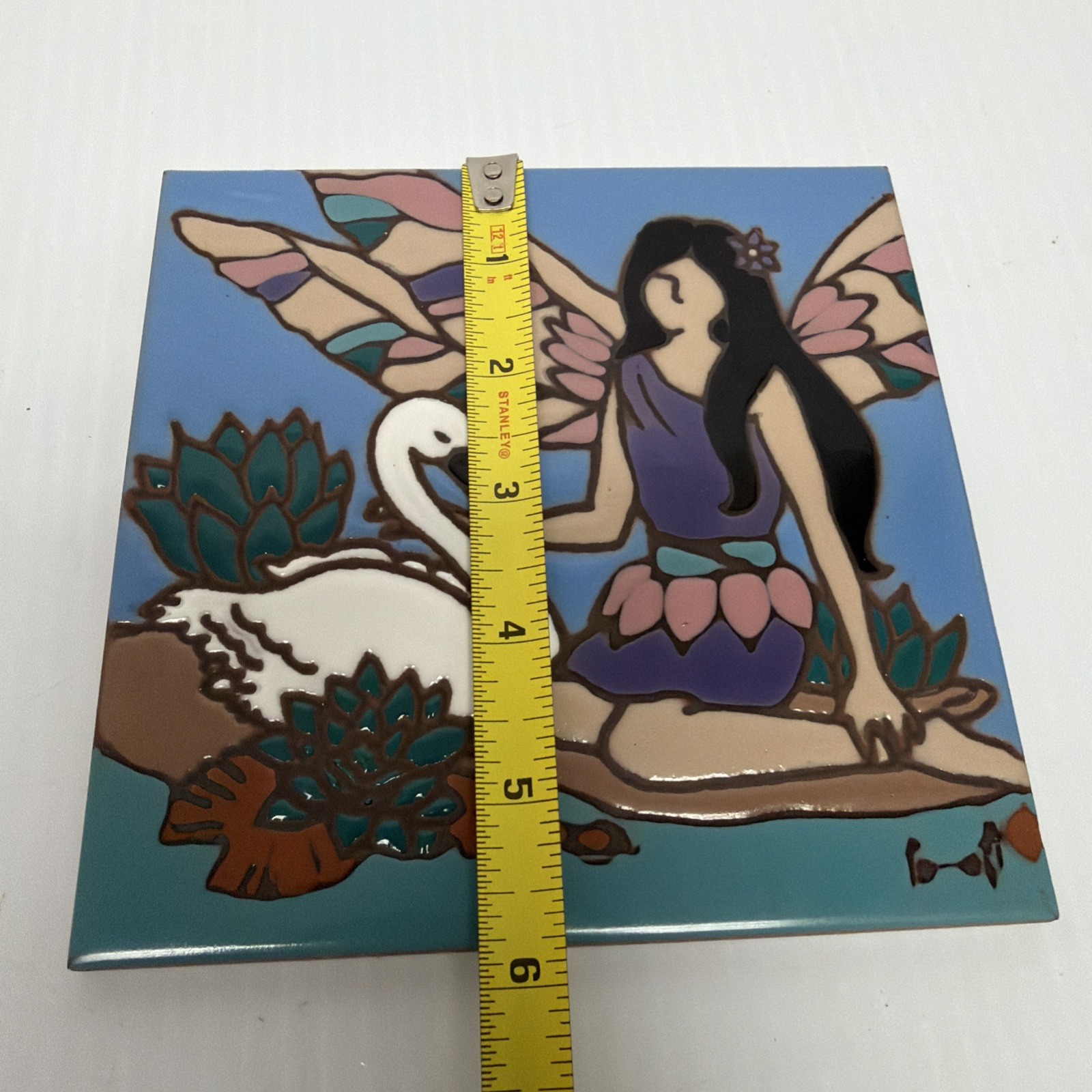 Ceramic Art Tile 6″x6″ Fairy Pixie Women Butterfly / Goose Hand Painted