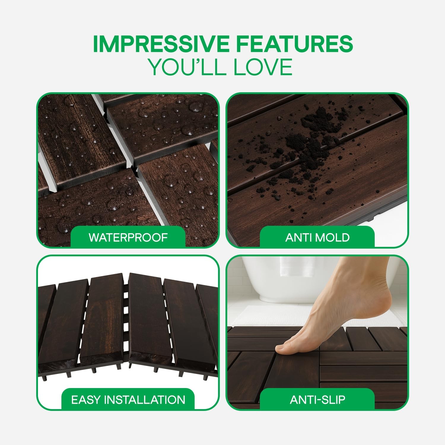 Pack of 10 Deck Tiles – Waterproof Acacia Wood for Outdoor Flooring,